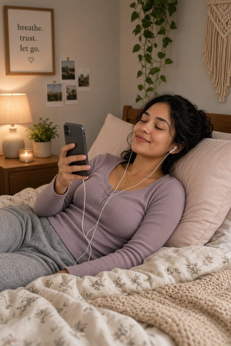 A woman lying in bed with earphones, eyes closed and smiling, relaxing with Optimum Brain on her phone