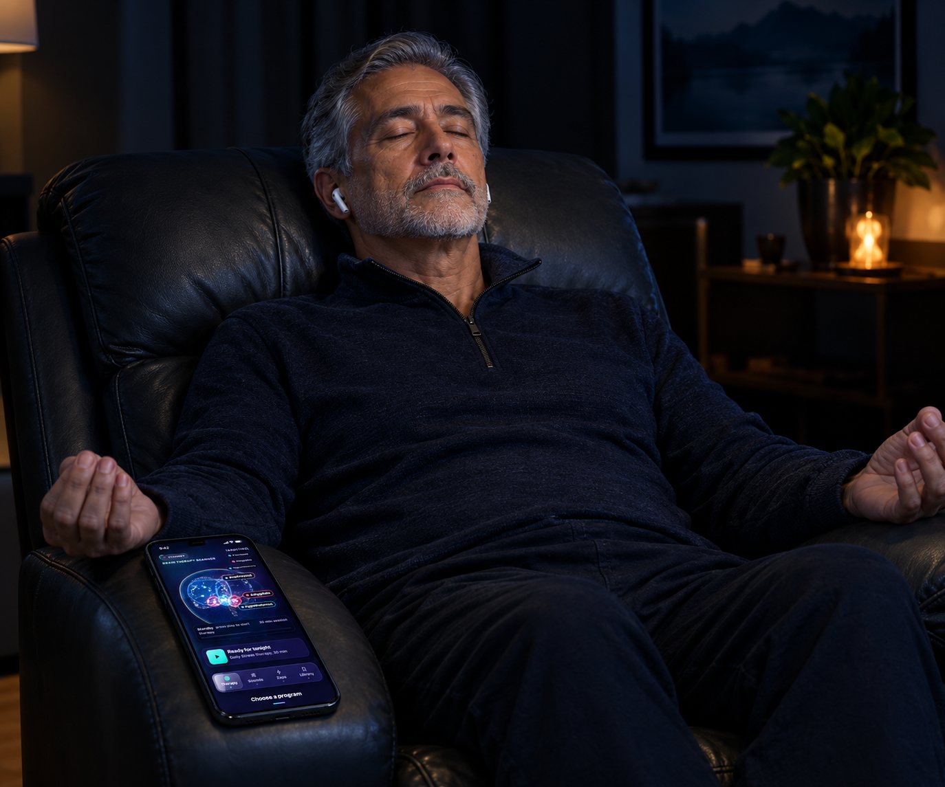 A man resting in a recliner with earbuds, eyes closed, using the Optimum Brain scanner on his phone